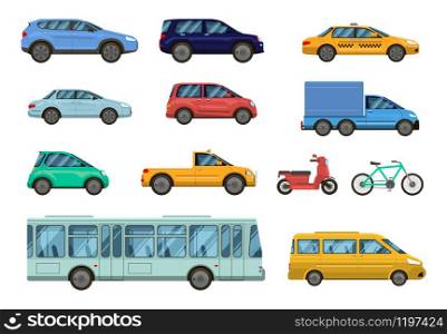 Transportation vehicle. Public cars, taxi, city bus and motorcycle, bike. Road urban public transport, car side view collection vector isolated set. Transportation vehicle. Public cars, taxi, city bus and motorcycle. Road urban transport, car collection vector isolated set