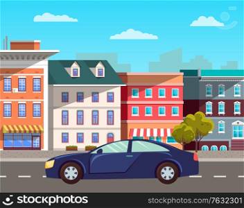 Transportation vehicle, sports car in old town on road. Antique buildings with windows and entrances, apartments and vintage city decoration. Vector illustration in flat cartoon style. Modern Car in Old City, Cityscape Street Vector