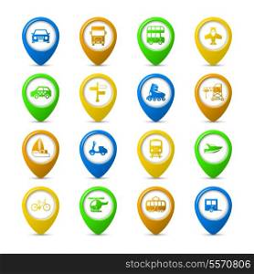 Transportation vehicles navigation pins set of aircraft boat yacht helicopter isolated vector illustration