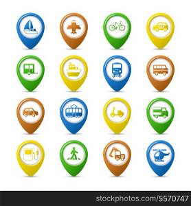 Transportation vehicles navigation pins set of car truck bus pedestrian isolated vector illustration