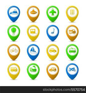 Transportation vehicles navigation pins set of passenger train tram taxi isolated vector illustration