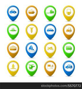 Transportation vehicles navigation pins set of tanker container tractor gas station isolated vector illustration