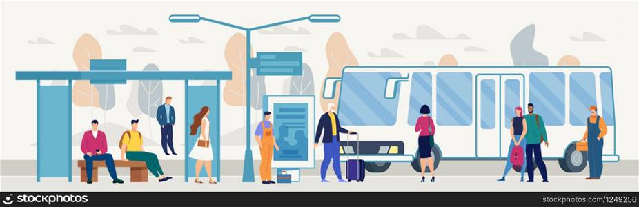 Transporting City Passengers with Bus, Modern Metropolis Public Transport System Flat Vector. Various Male, Female Characters with Baggage Waiting Bus on Outdoor Stop or Station Platform Illustration