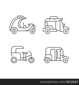 Transporting passengers business linear icons set. Coco taxi. Bangkok tuk-tuk. Rickshaw-type vehicle. Customizable thin line contour symbols. Isolated vector outline illustrations. Editable stroke. Transporting passengers business linear icons set