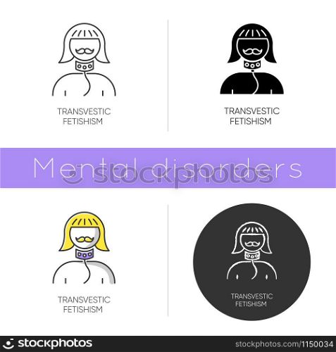 Transvestic fetishism icon. Queer person. Androgynous man. Drag crossdressing. Paraphilia. Sexual deviation. Mental disorder. Flat design, linear and color styles. Isolated vector illustrations