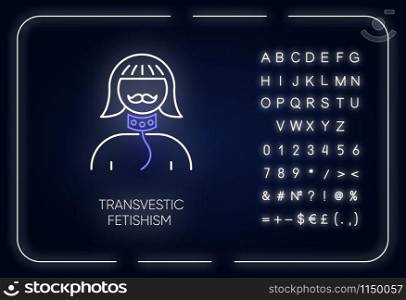 Transvestic fetishism neon light icon. Erotic interest in transgender. Paraphilia. Sexual deviation. Mental disorder. Glowing sign with alphabet, numbers and symbols. Vector isolated illustration