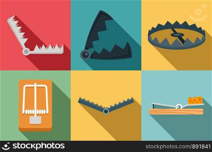 Trap icons set. Flat set of trap vector icons for web design. Trap icons set, flat style