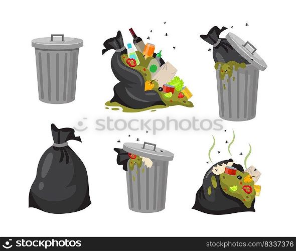 Trash bags and dustbin vector illustrations set. Collection of black sacks with food waste, open dirty garbage cans or dumpsters with rubbish or junk on white background. Ecology, pollution concept
