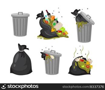 Trash bags and dustbin vector illustrations set. Collection of black sacks with food waste, open dirty garbage cans or dumpsters with rubbish or junk on white background. Ecology, pollution concept