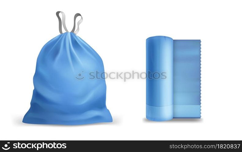 Trash bags. Garbage blue eco pack with ties in different states, empty and full realistic polyethylene element, roll and packaged with handles, plastic sack. Vector isolated on white background set. Trash bags. Garbage blue eco pack with ties in different states, empty and full realistic polyethylene element, roll and packaged with handles. Vector isolated on white background set