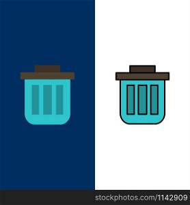 Trash, Basket, Bin, Can, Container, Dustbin, Office Icons. Flat and Line Filled Icon Set Vector Blue Background