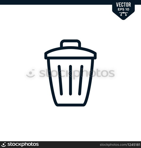 Trash bin icon collection in outlined or line art style, editable stroke vector