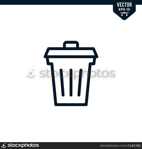 Trash bin icon collection in outlined or line art style, editable stroke vector