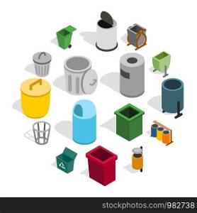 Trash bin icons set in isometric 3d style isolated on white background. Vector illustration. Trash bin icons set, isometric 3d style