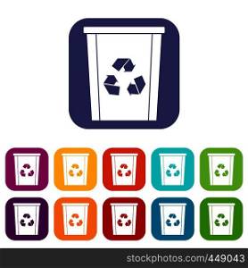 Trash bin with recycle symbol icons set vector illustration in flat style In colors red, blue, green and other. Trash bin with recycle symbol icons set flat