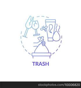 Trash blue gradient concept icon. Disposal items idea thin line illustration. Sorting and tossing things in home. Decluttering household, reduce garbage. Vector isolated outline RGB color drawing. Trash blue gradient concept icon