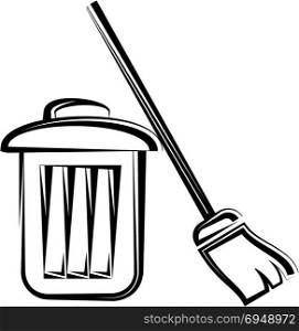 Trash Can And Broom Vector Art Illustration