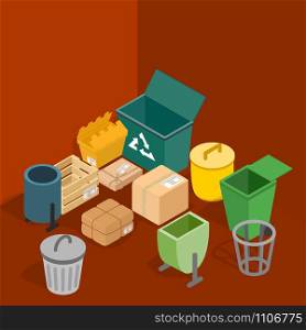 Trash can concept banner. Isometric banner of trash can vector concept for web, giftcard and postcard. Trash can concept banner, isometric style