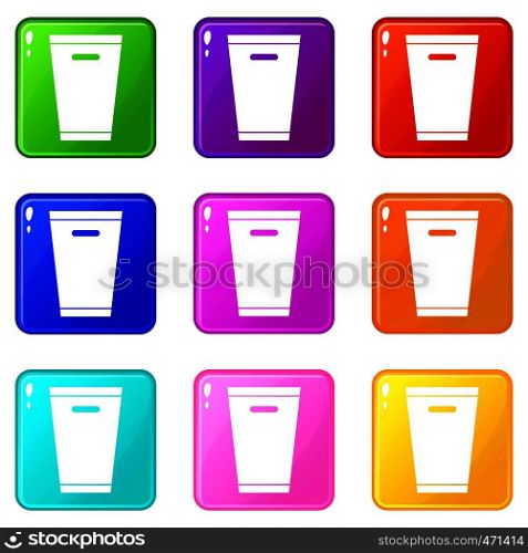 Trash can icons of 9 color set isolated vector illustration. Trash can icons 9 set