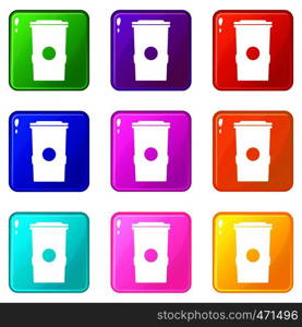 Trash can icons of 9 color set isolated vector illustration. Trash can icons 9 set