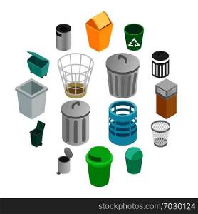 Trash can icons set in isometric 3d style on a white background. Trash can icons set, isometric 3d style