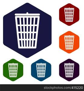 Trash can icons set rhombus in different colors isolated on white background. Trash can icons set