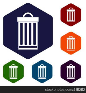 Trash can icons set rhombus in different colors isolated on white background. Trash can icons set