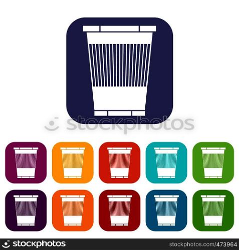 Trash can icons set vector illustration in flat style In colors red, blue, green and other. Trash can icons set