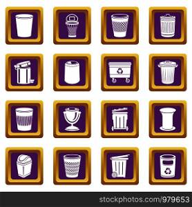 Trash can icons set vector purple square isolated on white background . Trash can icons set purple square vector