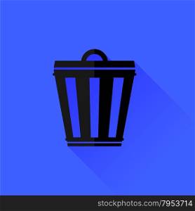Trash Can Isolated on Blue Background. Long Shadow.. Trash Can