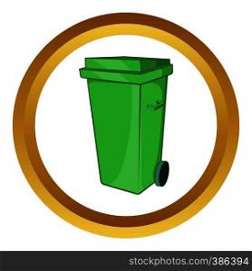 Trash can on wheels vector icon in golden circle, cartoon style isolated on white background. Trash can on wheels vector icon
