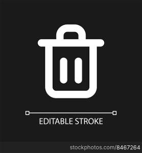 Trash can pixel perfect white linear ui icon for dark theme. Delete button. Recycle bin. Vector line pictogram. Isolated user interface symbol for night mode. Editable stroke. Arial font used. Trash can pixel perfect white linear ui icon for dark theme