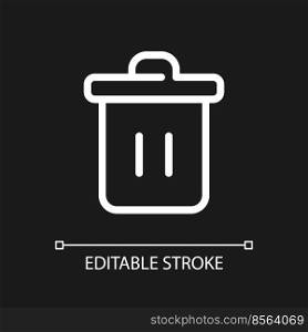 Trash can pixel perfect white linear ui icon for dark theme. Recycle bin. Garbage container. Vector line pictogram. Isolated user interface symbol for night mode. Editable stroke. Arial font used. Trash can pixel perfect white linear ui icon for dark theme