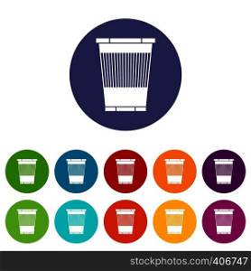 Trash can set icons in different colors isolated on white background. Trash can set icons