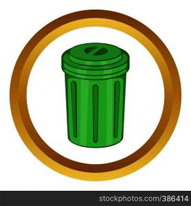 Trash can vector icon in golden circle, cartoon style isolated on white background. Trash can vector icon