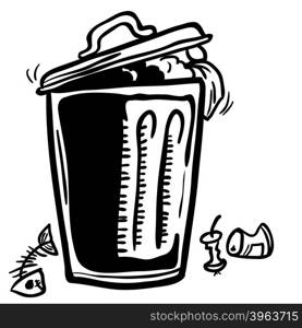 trash can with garbage around cartoon doodle