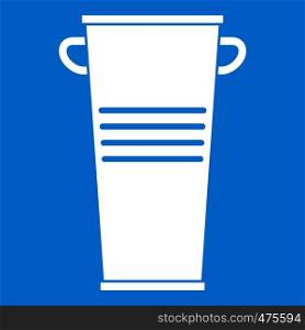 Trash can with handles icon white isolated on blue background vector illustration. Trash can with handles icon white