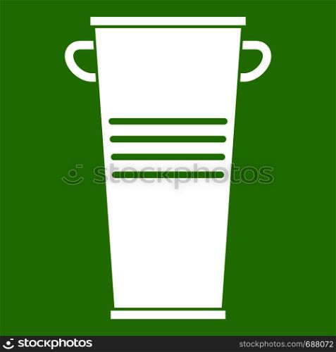 Trash can with handles icon white isolated on green background. Vector illustration. Trash can with handles icon green