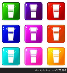 Trash can with handles icons of 9 color set isolated vector illustration. Trash can with handles icons 9 set