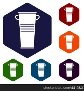 Trash can with handles icons set hexagon isolated vector illustration. Trash can with handles icons set hexagon