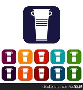Trash can with handles icons set vector illustration in flat style In colors red, blue, green and other. Trash can with handles icons set flat