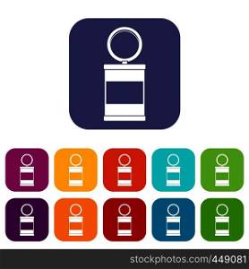 Trash can with pedal icons set vector illustration in flat style In colors red, blue, green and other. Trash can with pedal icons set flat