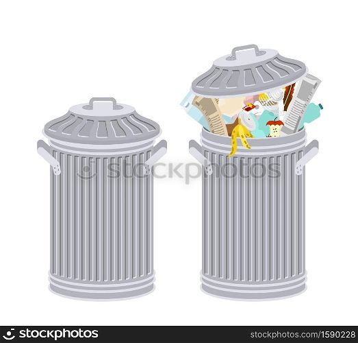 Trash can with Rubbish isolated. Wheelie bin with Garbage on white background. Dumpster iron. peel from banana and stub. Tin and old newspaper. Bone and packaging. Crumpled paper and plastic bottle