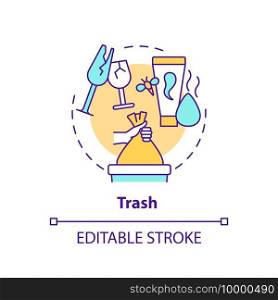 Trash concept icon. Throwing things up idea thin line illustration. Sorting and tossing things in house. Decluttering and mess. Vector isolated outline RGB color drawing. Editable stroke. Trash concept icon
