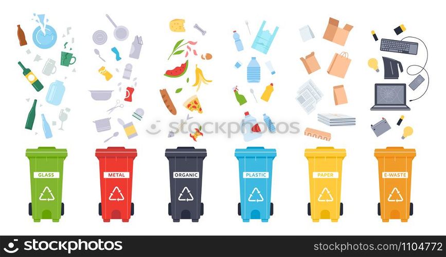 Trash containers. Organic, e-waste, plastic, paper, glass and metal trash containers. Recycling garbage to save the environment vector illustration set. Waste sorting. Recycle idea. Rubbish bins. Trash containers. Organic, e-waste, plastic, paper, glass and metal trash containers. Recycling garbage to save the environment vector illustration set. Waste sorting. Rubbish cans on white background