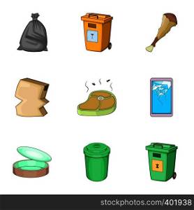 Trash for recycling icons set. Cartoon illustration of 9 trash for recycling vector icons for web. Trash for recycling icons set, cartoon style
