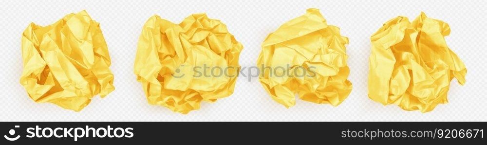 Trash, garbage of crumpled paper balls isolated on transparent background. Concept of rejection idea, mistake, rubbish with wrinkled yellow paper wads, vector realistic set. Trash, garbage of crumpled paper balls