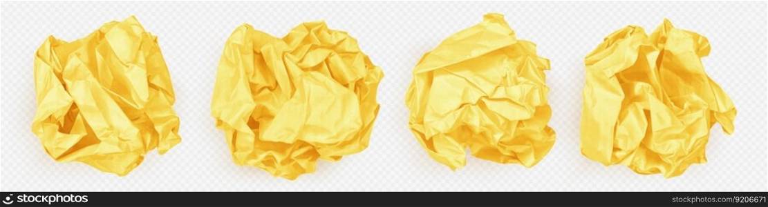 Trash, garbage of crumpled paper balls isolated on transparent background. Concept of rejection idea, mistake, rubbish with wrinkled yellow paper wads, vector realistic set. Trash, garbage of crumpled paper balls
