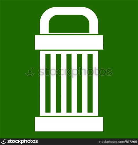 Trash icon white isolated on green background. Vector illustration. Trash icon green