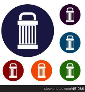 Trash icons set in flat circle reb, blue and green color for web. Trash icons set